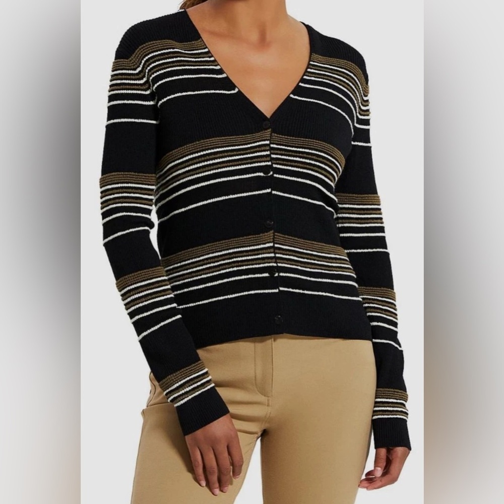 $345 Theory Women's Black Striped V-Neck Cardigan Front Button Sweater Size M